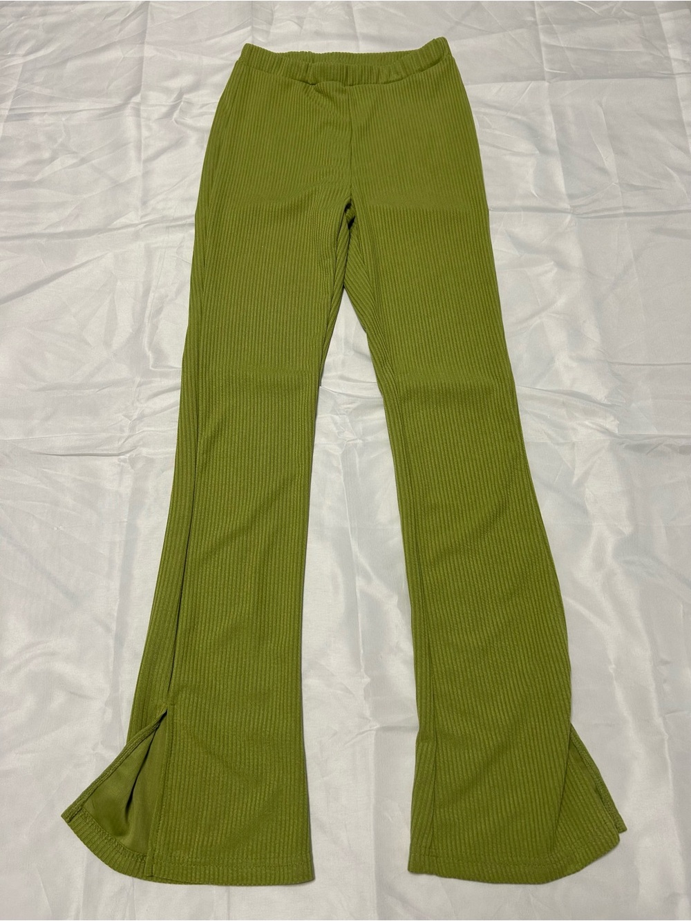 High-Rise Olive Green Ribbed Flare Pants with Hem Slit